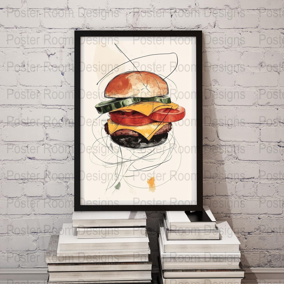 Minimal Cheeseburger Line Art Watercolor Sketch Kitchen Poster