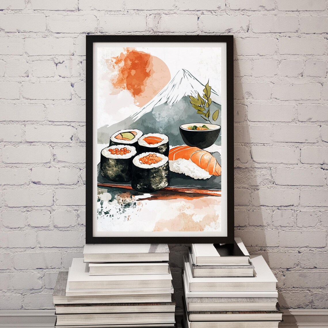 Sushi Watercolor With Mount Fuji Rising Sun Kitchen Art Poster