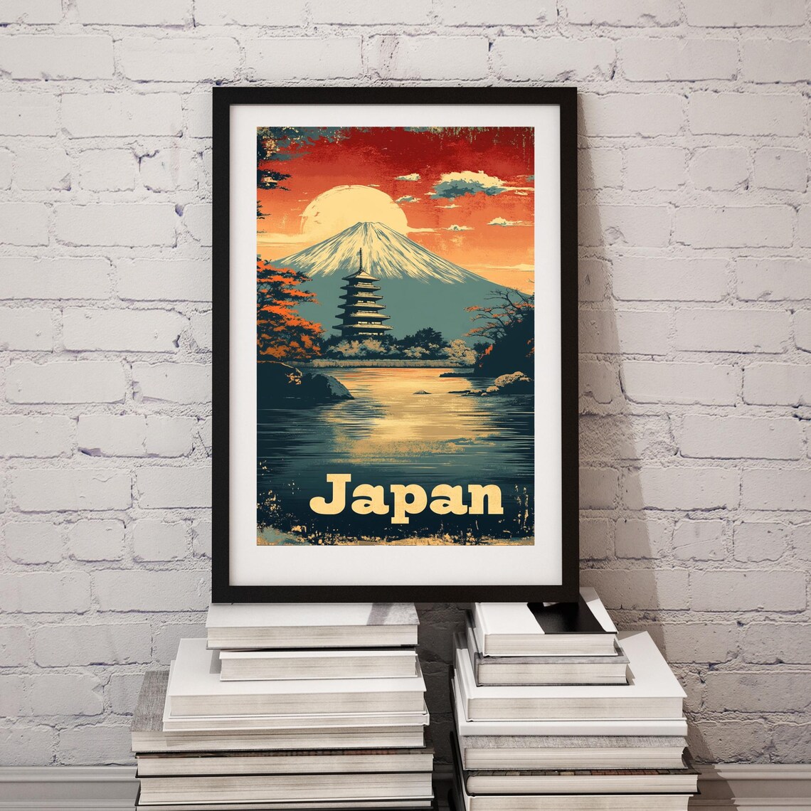 Vintage Japan Travel Poster with Mt Fuji and Pagoda at Sunset