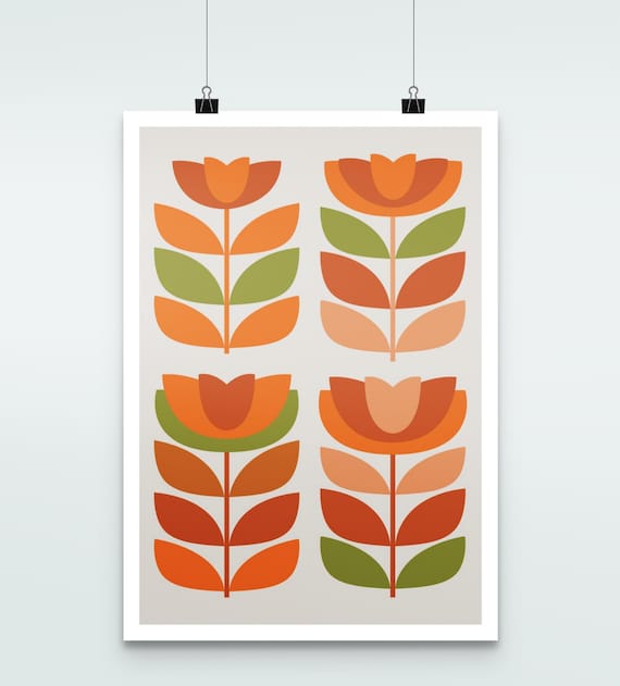 Mid Century Modern Geometric Floral Poster Retro Orange Tulip Motif