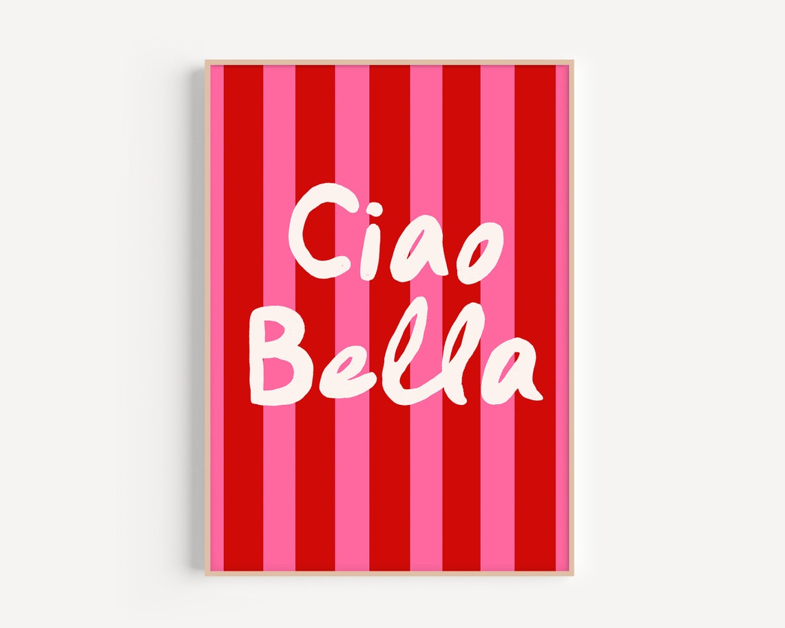 Ciao Bella White Script Red and Pink Striped Italian Greeting Poster - Image 3