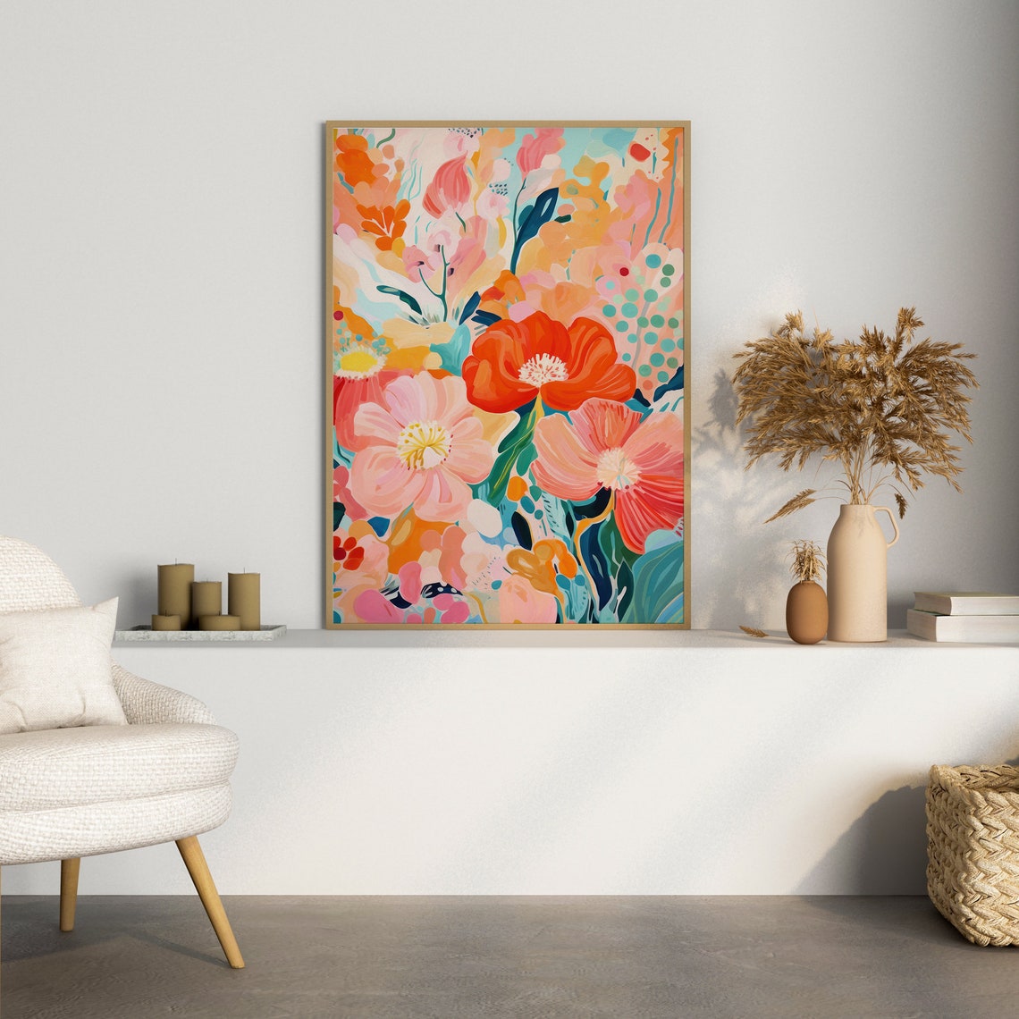 Abstract Botanical Poppy Painting Colorful Maximalist Wall Art - Image 3