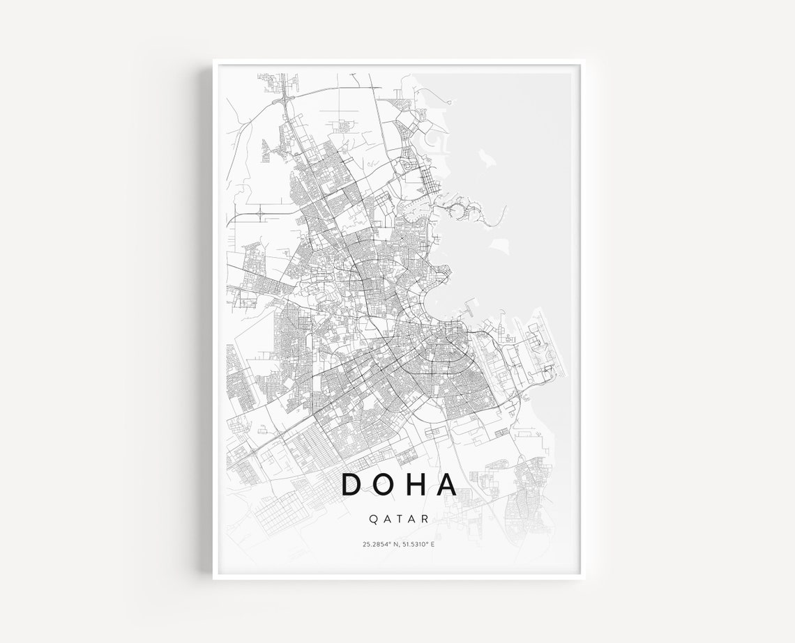 Doha Qatar Minimalist White Grey City Street Map Wall Poster