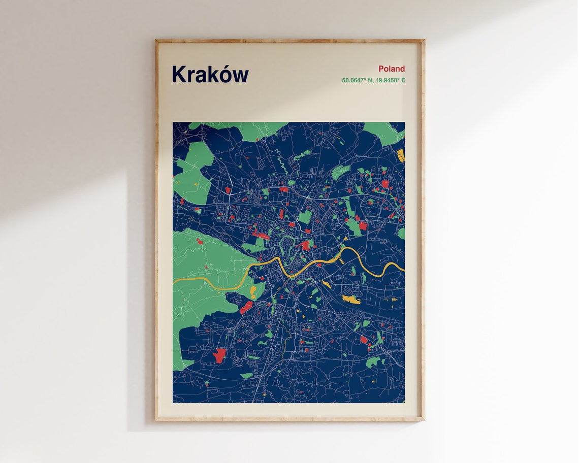 Krakow Poland Colourful Vistula River City Map Poster in Navy Green