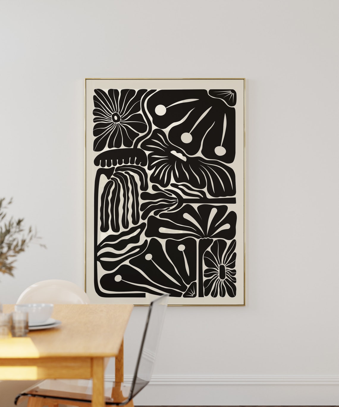 Black Matisse Style Abstract Floral Cut Out Cream Art Poster - Image 2