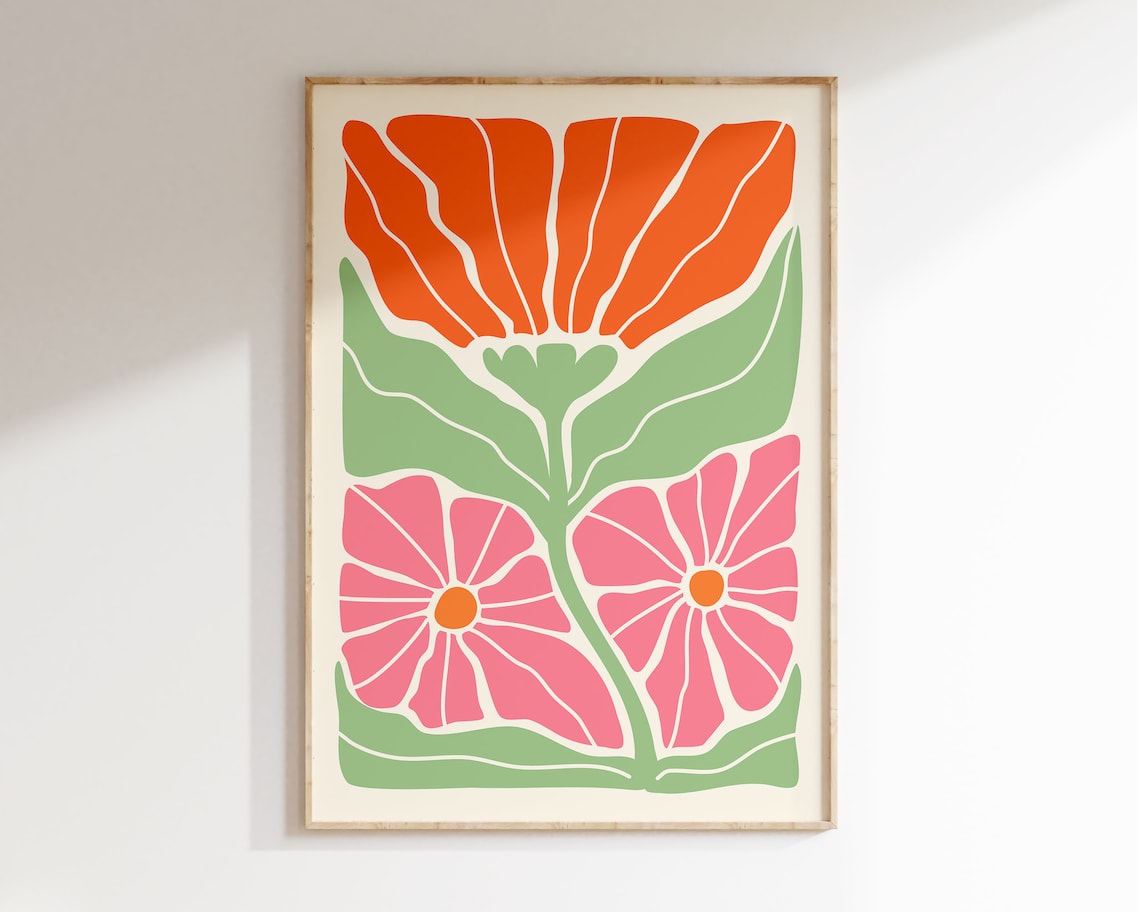 Abstract Flower Poster, Retro Boho Botanical Print