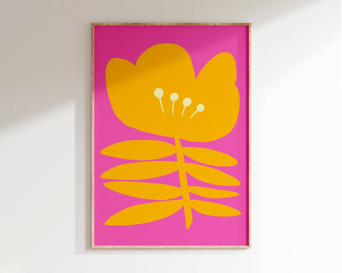 Bright Orange Flower on Hot Pink Mid Century Botanical Poster
