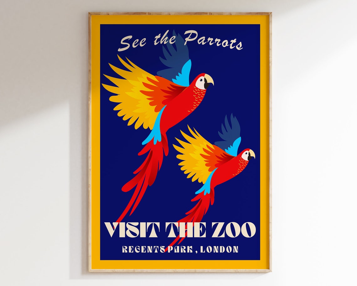 See the Parrots Visit the Zoo Regents Park London Retro Poster