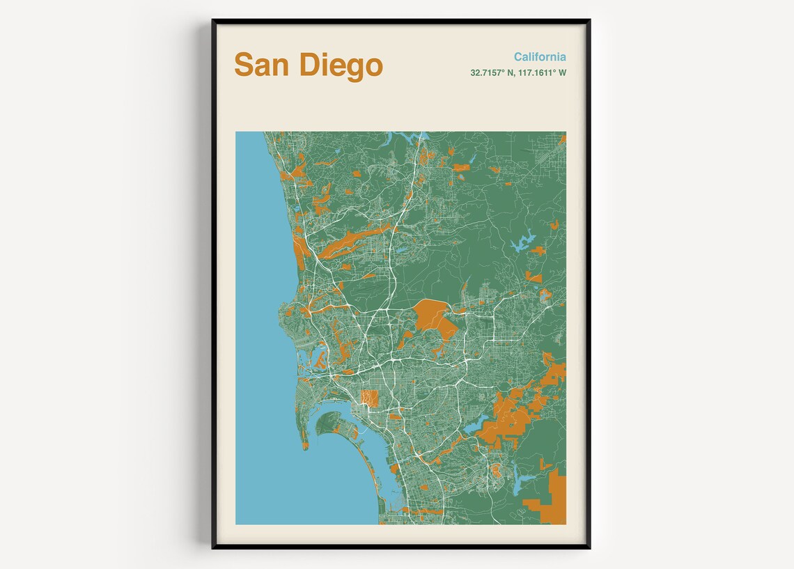 San Diego California Green and Orange Colorful City Map Poster
