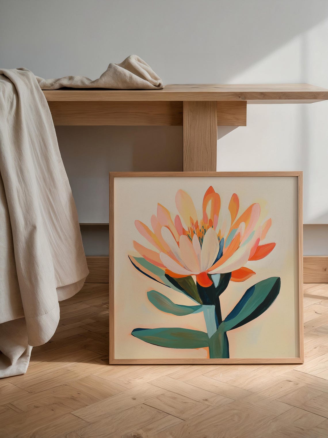 Abstract Orange Flower Bloom Teal Leaves Modern Botanical Art Poster - Image 3