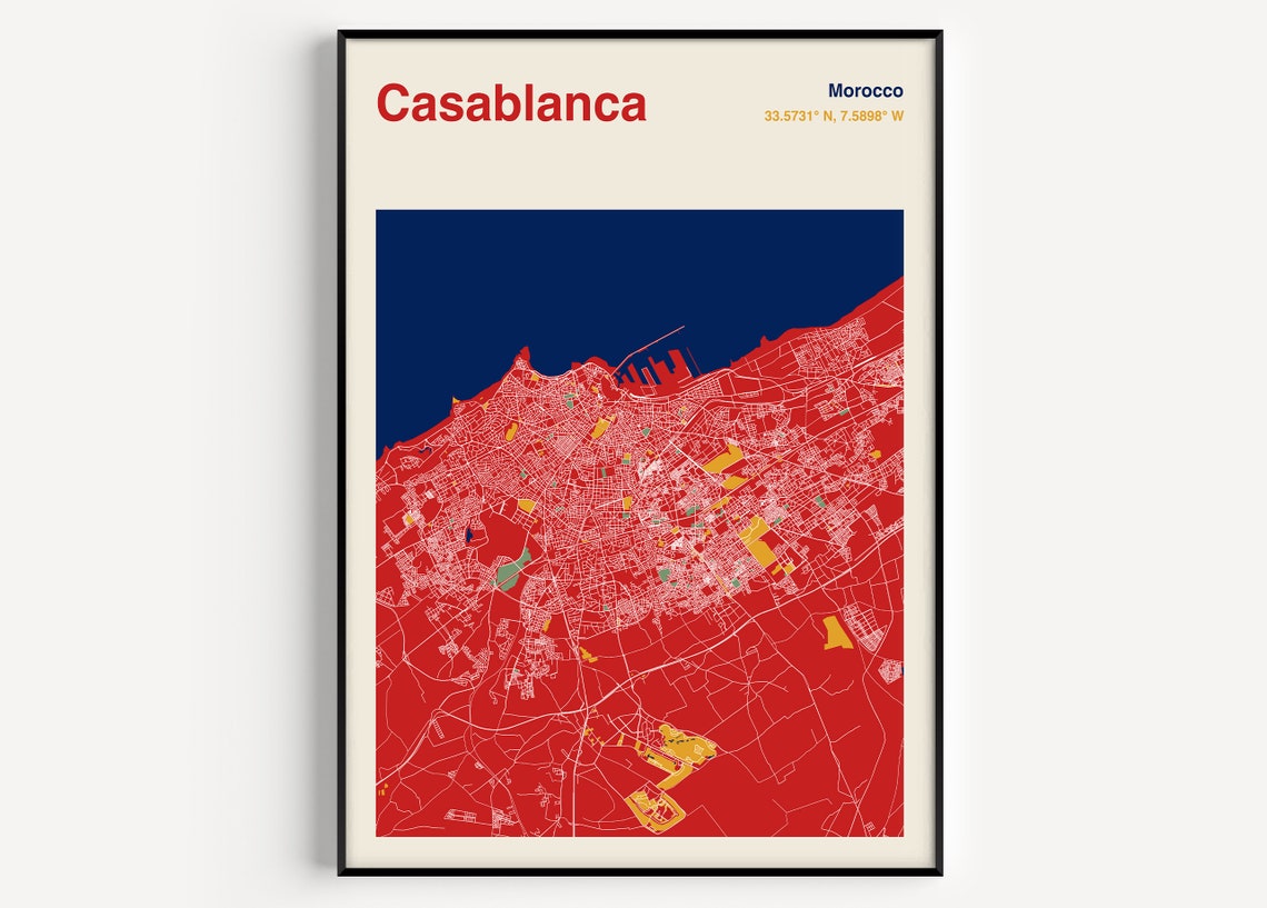 Bold Casablanca Morocco Red and Navy Colorful City Map Poster
