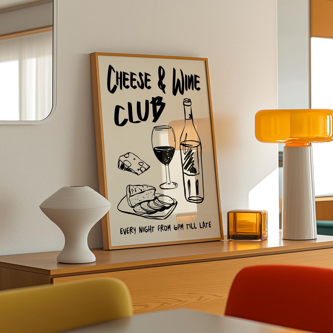 Cheese And Wine Club Poster Hand Drawn Kitchen Retro Foodie Design - Image 2