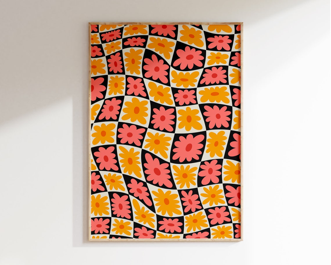 Retro Checkered Daisy Grid Bold Wavy Floral 70s Pop Art Poster