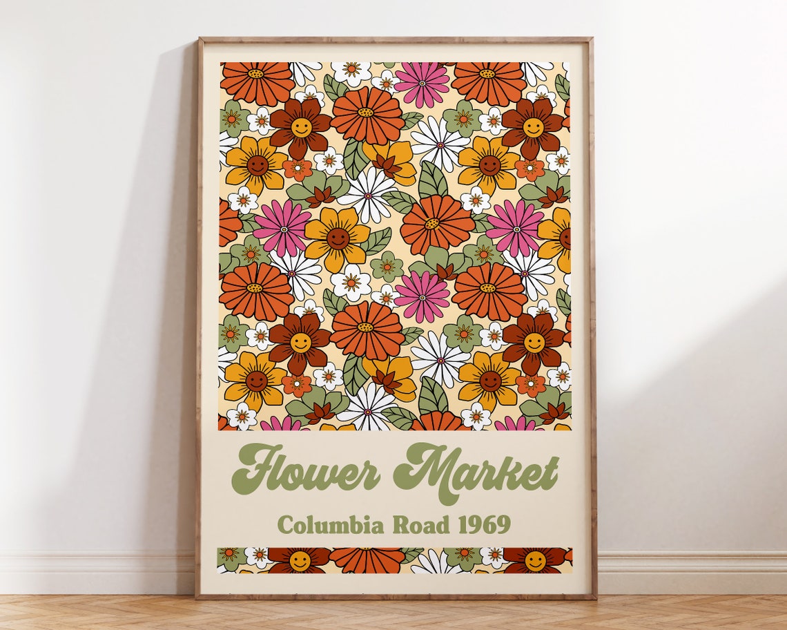 Retro Flower Market Art Print Flower Market Poster Flower Power Retro Wall Art Retro 60s 70s Flower Market Hippie 1970s Decor F069