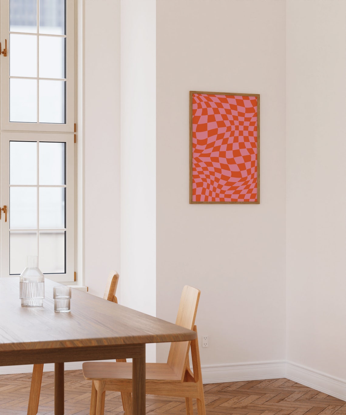 Wavy Red Pink Checkerboard Retro 70s Abstract Pattern Poster - Image 2
