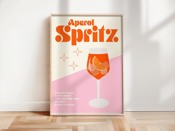 Aperol Spritz Retro Cocktail Recipe Kitchen Bar Cart Decor Poster
