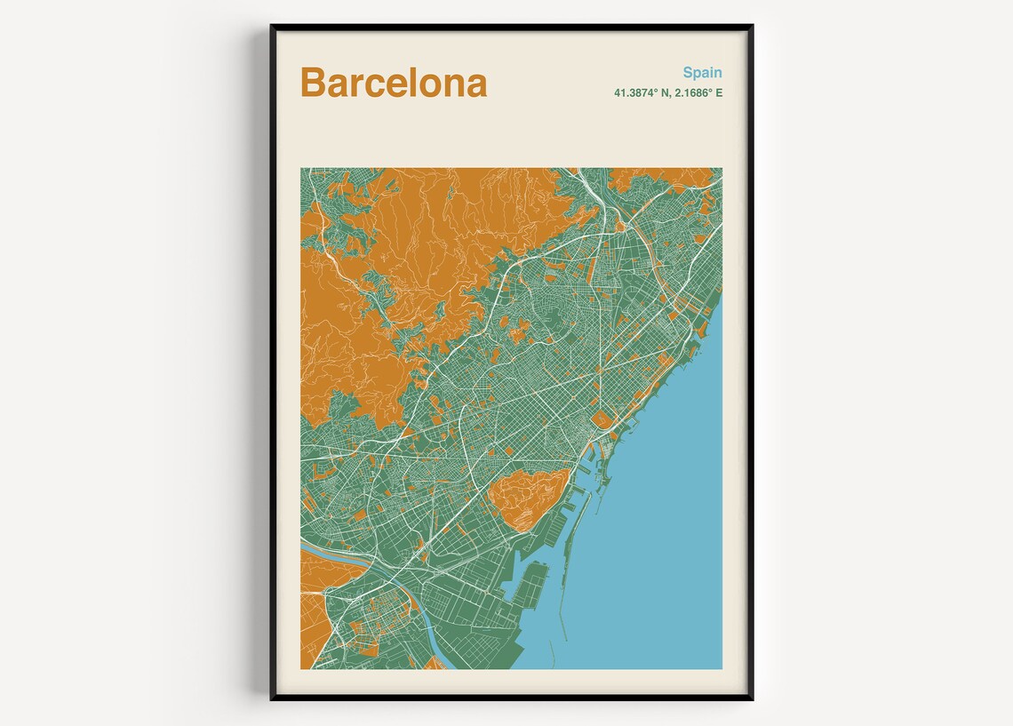 Vibrant Barcelona Spain Green and Orange Colorful City Map Poster