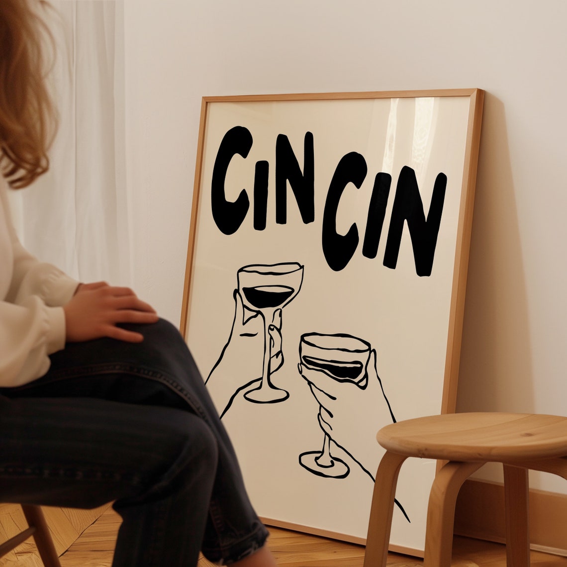 Cin Cin Black and Cream Wine Glasses Minimalist Cheers Poster - Image 2