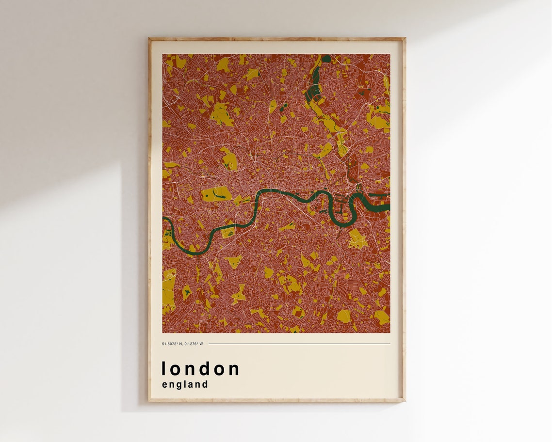 London England Retro Colorful Thames River City Map Travel Poster
