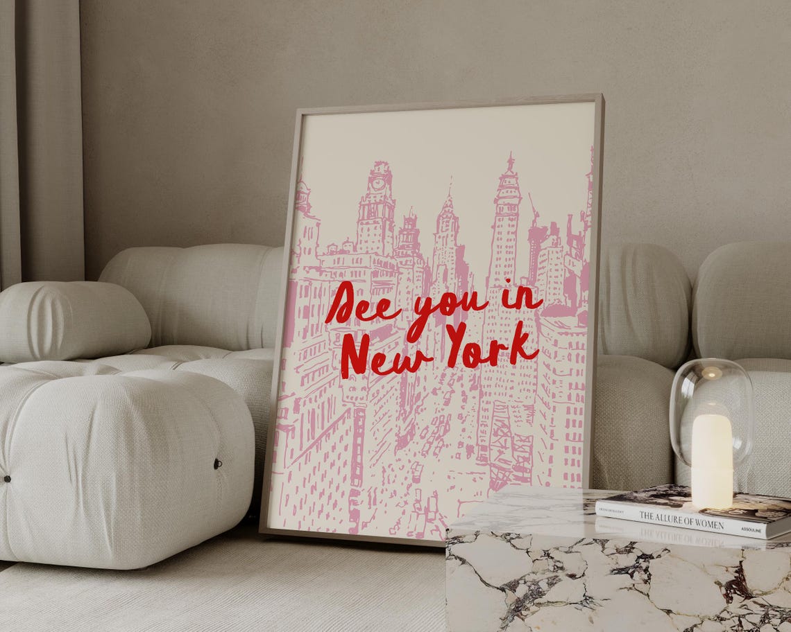 See You In New York Poster Pink Red Skyline Sketch Travel Quote Art - Image 4
