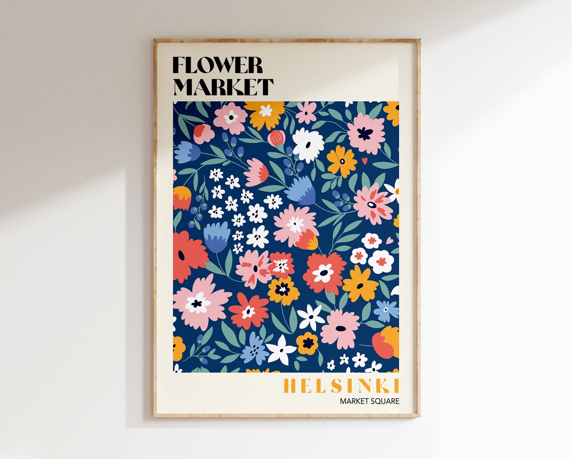Helsinki Flower Market Market Square Retro Navy Colourful Bloom Poster