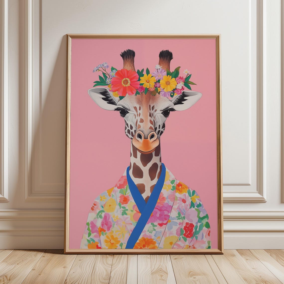 Giraffe With Floral Crown Painting Floral Kimono Maximalist Poster