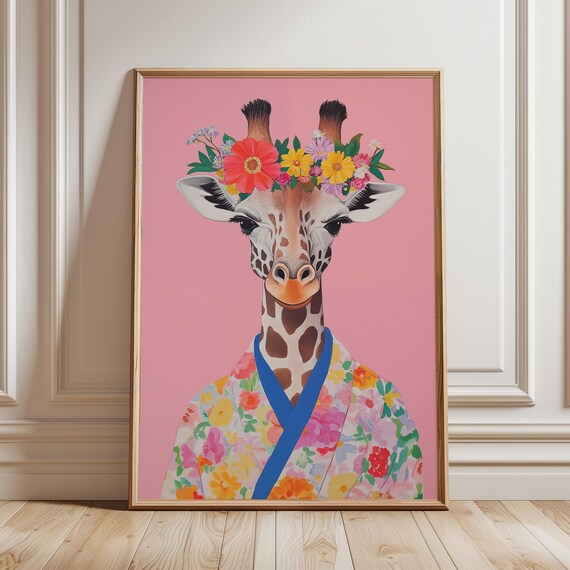 Giraffe With Floral Crown Painting Floral Kimono Maximalist Poster