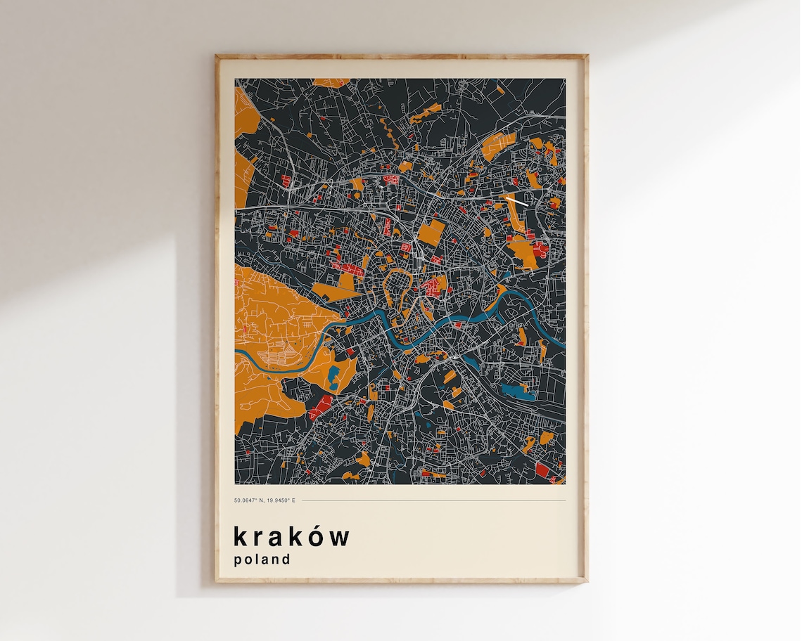 Krakow Poland Map, Travel Poster Art Print