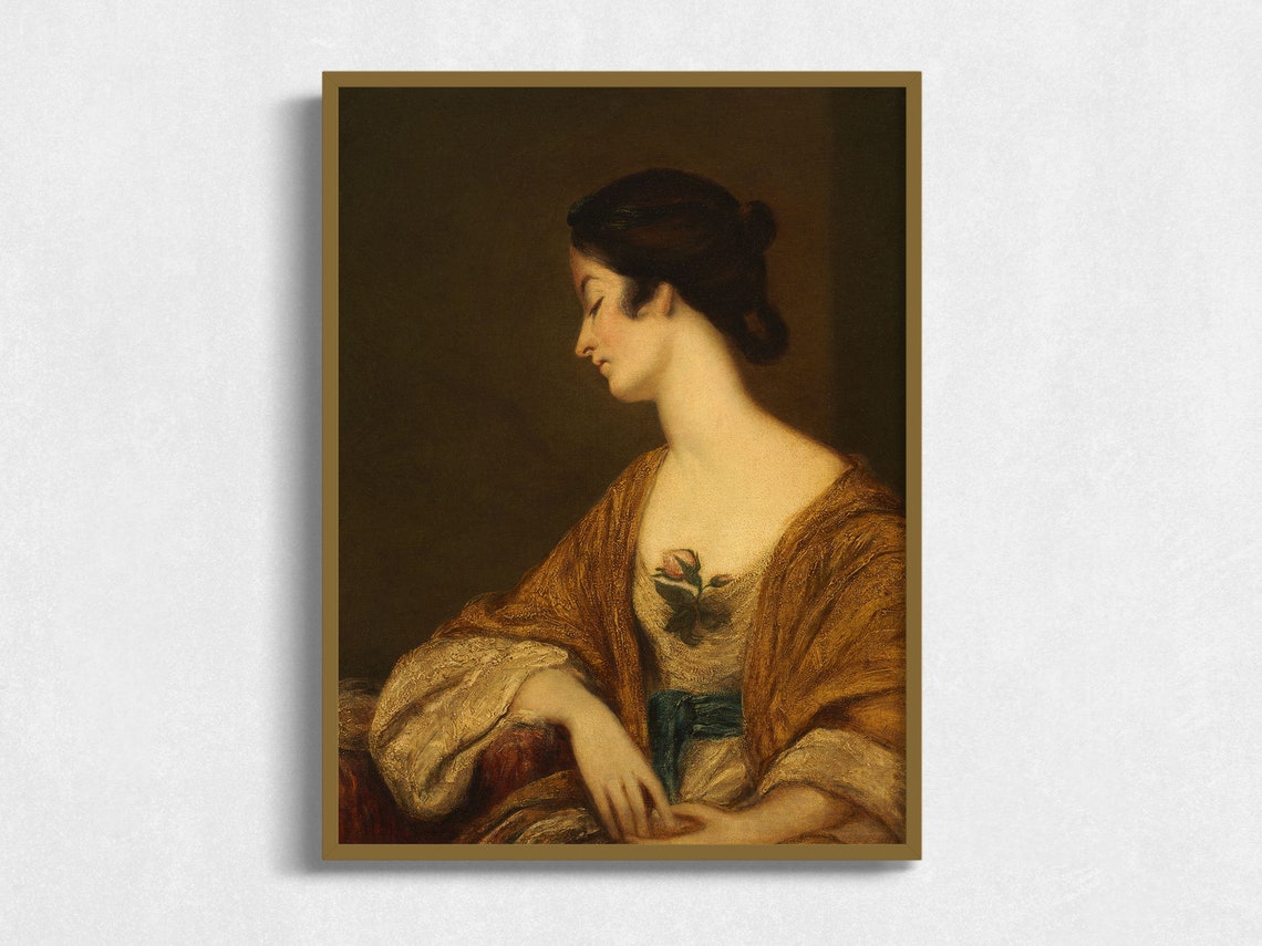 Regency Lady Golden Shawl Rose Profile Portrait Antique Oil Art Poster