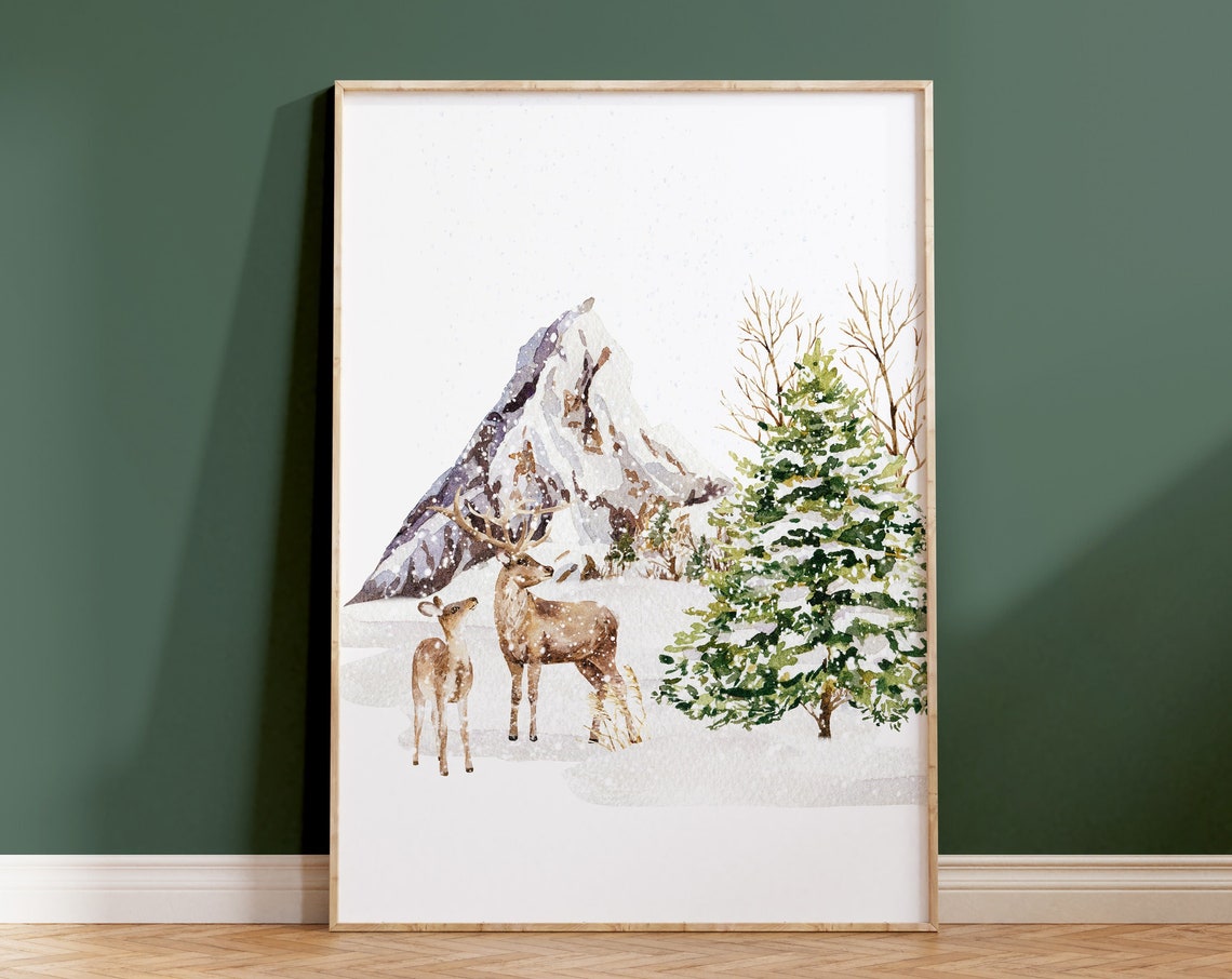 Two Deer In Snowy Mountain Landscape Winter Watercolor Poster