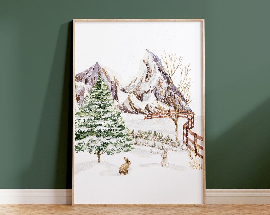 Two Rabbits In Snowy Mountain Valley Winter Watercolor Wall Art