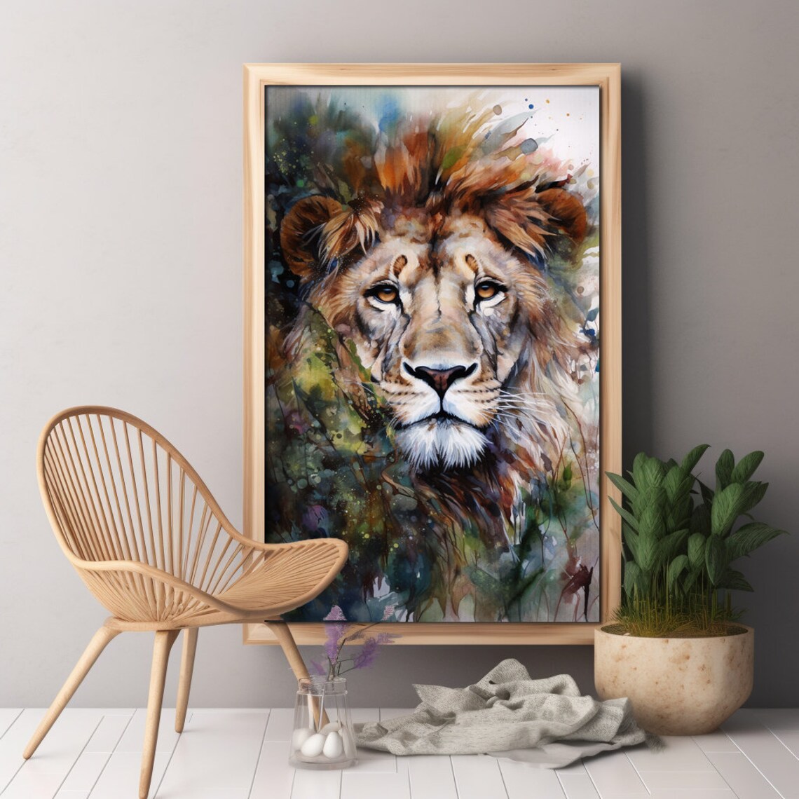 Majestic Lion Face Portrait Watercolor Wildlife Painting Poster - Image 4