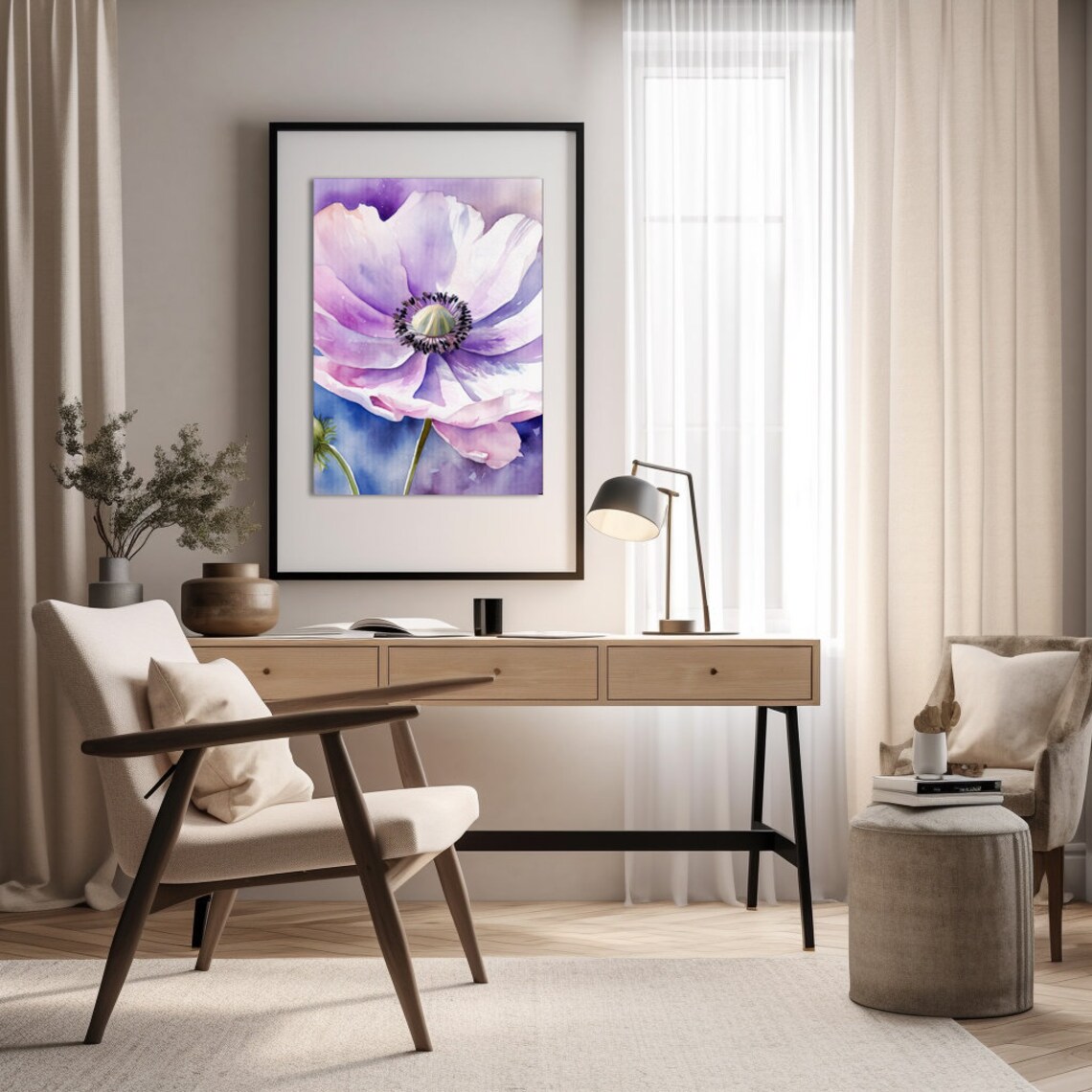 Lavender Anemone Flower Watercolor Close Up Botanical Poster - Image 4
