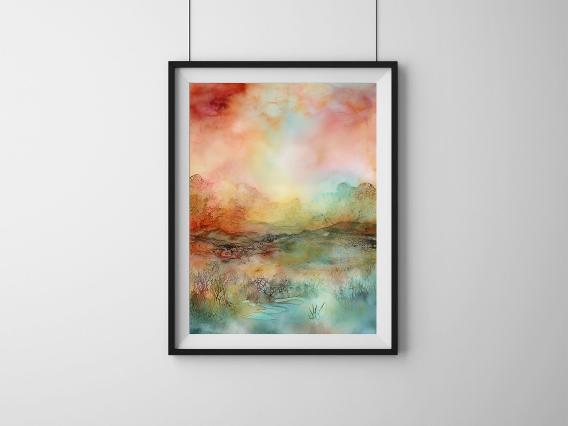 Warm Abstract Watercolor Landscape Sunset Dreamy Painting Poster - Image 4