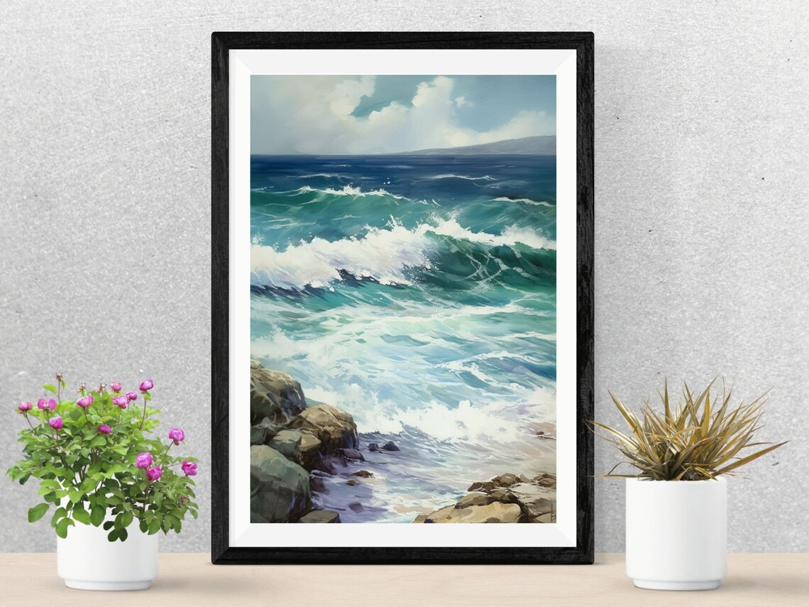 Turquoise Ocean Waves Crashing On Rocks Coastal Seascape Poster - Image 2