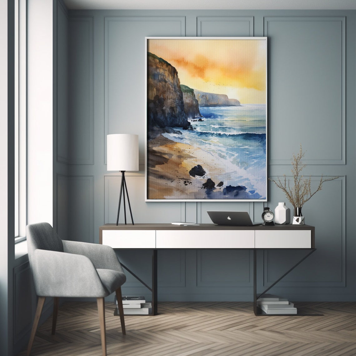 Sunset Over Ocean Cliffs Watercolor Beach Coastal Scene Poster - Image 2