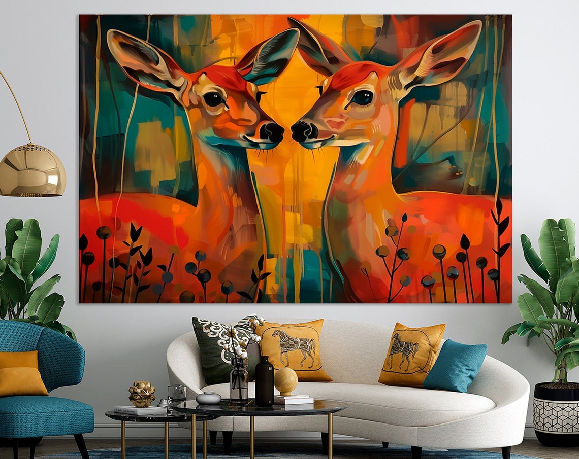 Two Deer Facing Each Other Colorful Abstract Wildlife Wall Art Poster