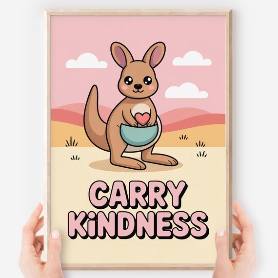 Carry Kindness Cute Kawaii Kangaroo Pastel Kids Room Art Poster