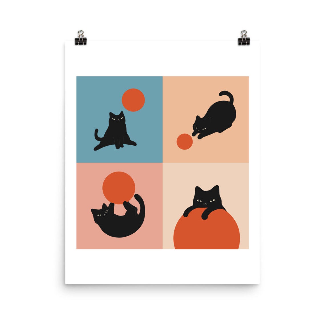 Black Cat And Orange Sun Grid Minimalist Modern Cat Art Poster