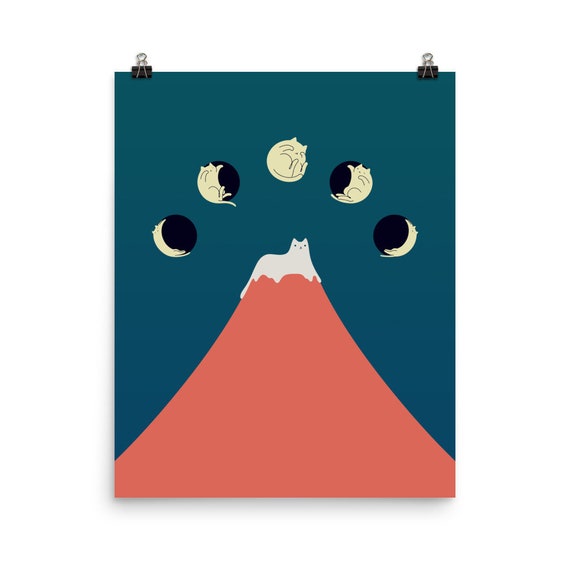 Sleeping Cats Moon Phases Red Mountain Whimsical Night Sky Art Poster