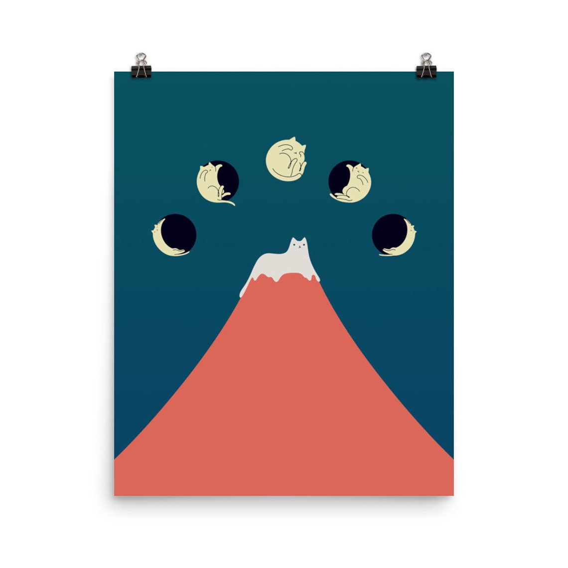 Sleeping Cats Moon Phases Red Mountain Whimsical Night Sky Art Poster