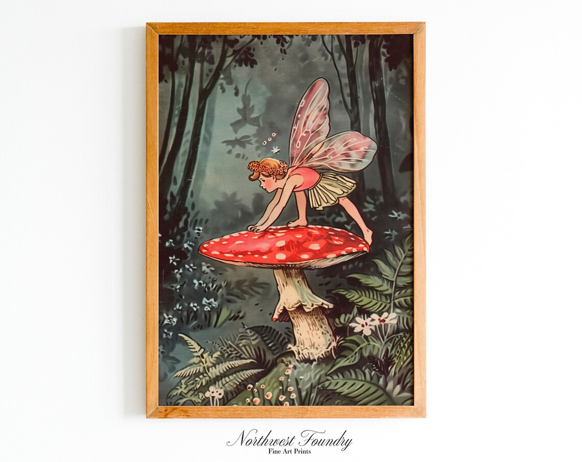 Fairy Climbing Toadstool, Storybook Illustration