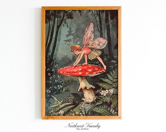 Fairy Climbing Toadstool, Storybook Illustration