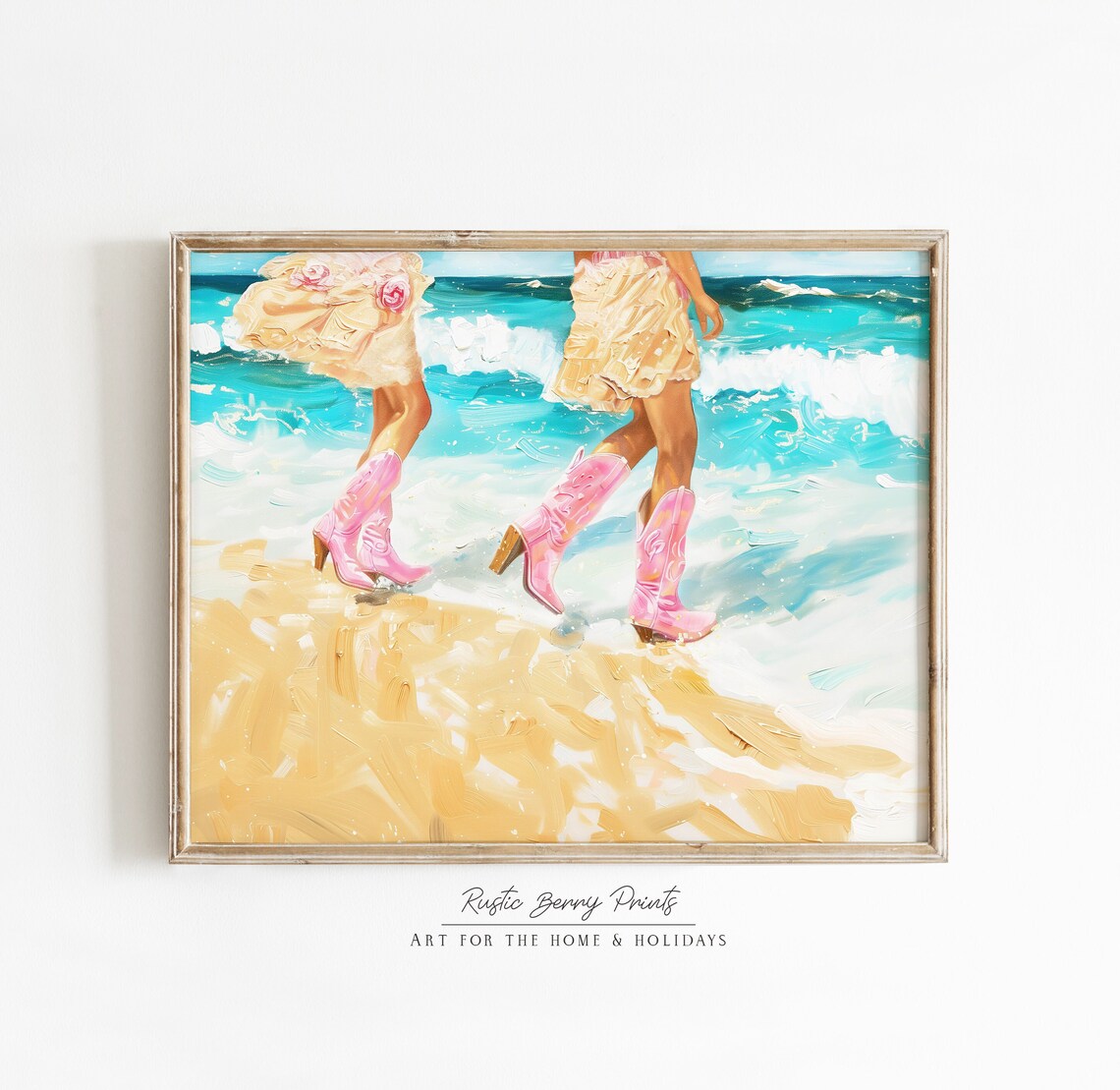 Pink Cowboy Boots Beach Waves Oil Painting Coastal Cowgirl Poster