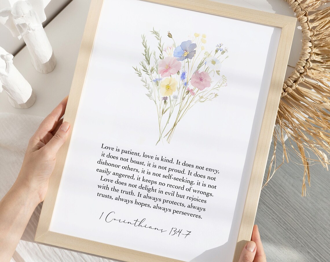 Love Is Patient 1 Corinthians 13 Floral Watercolor Wedding Scripture Poster