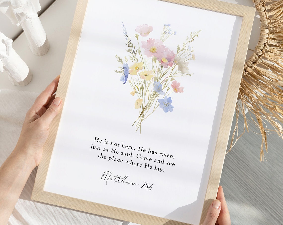 He Is Risen Matthew 28 6 Watercolor Wildflower Easter Scripture Poster