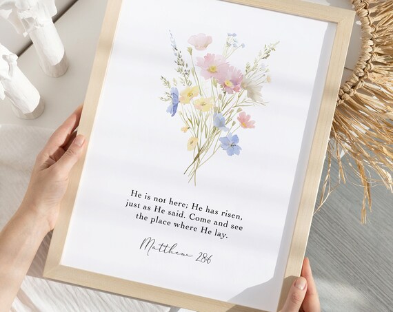 He Is Risen Matthew 28 6 Watercolor Wildflower Easter Scripture Poster