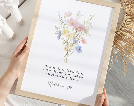 Matthew 286 Print He Is Risen Bible Verse Christian Wall Art Farmhouse Decor Faith Print Religious Wall Art