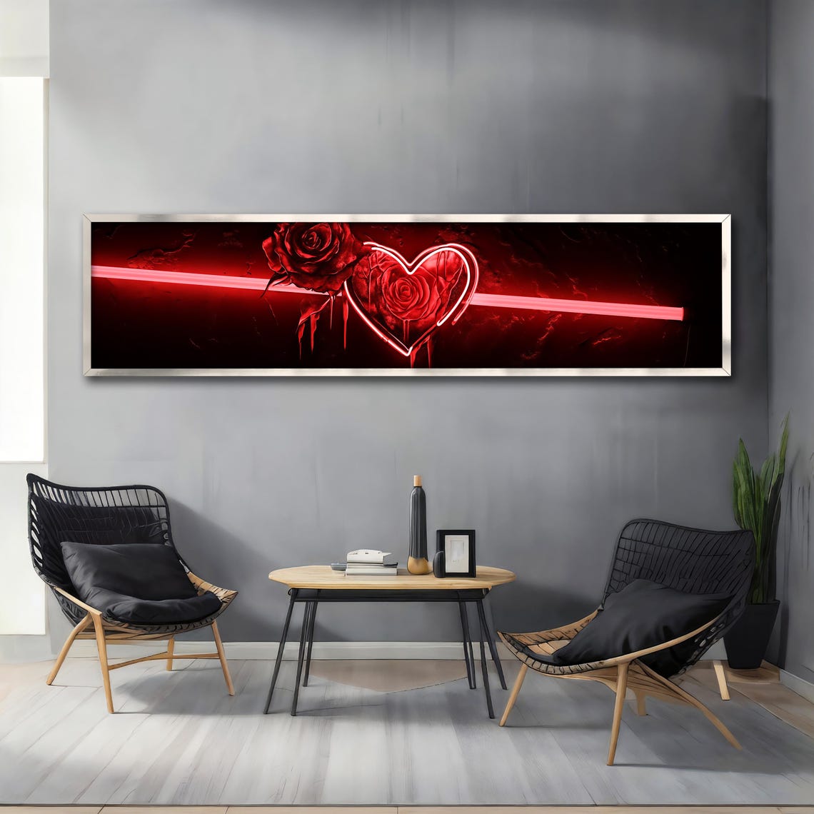 Red Neon Heart and Rose Romantic Panoramic Modern Wall Art Poster - Image 4