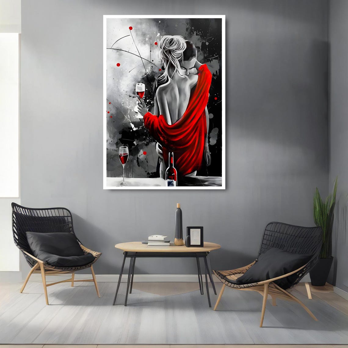 Romantic Wine Couple Red Shawl Black White Embrace Art Poster - Image 2